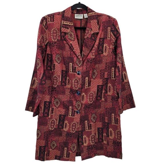 Vintage 80's Chico's Blazer Silk Duster Fashion Trench Red Metallic Print Size 1 - Picture 3 of 12